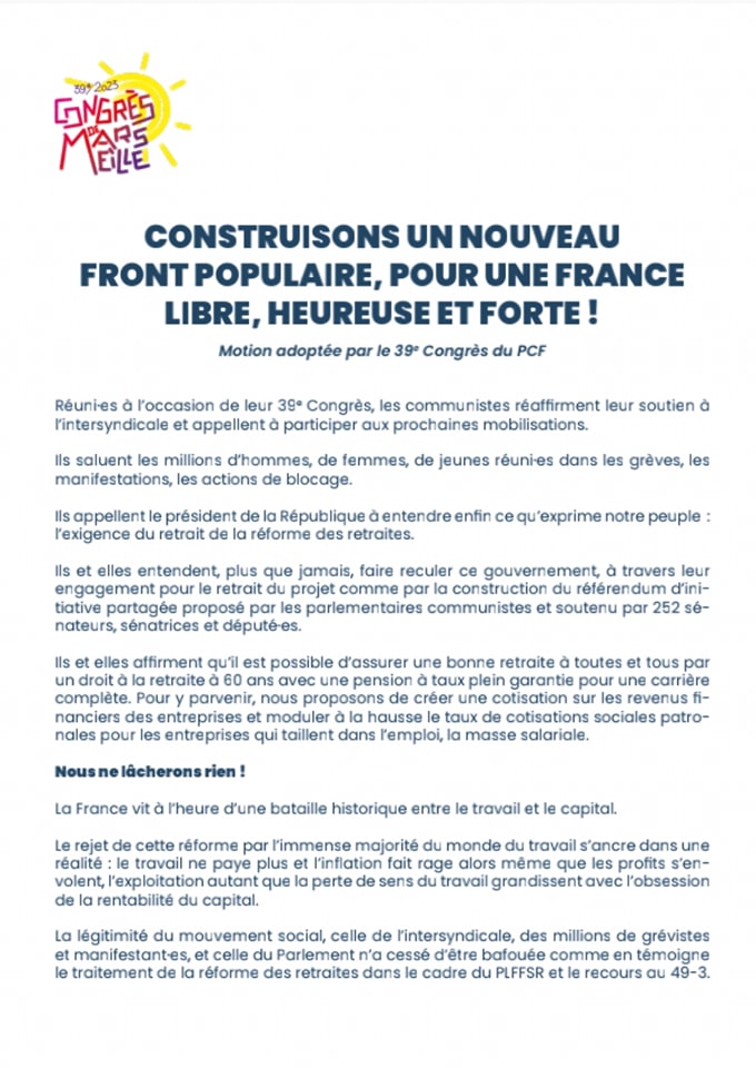 Construisons un nouveau front populaire, pour une France libre, heure et forte Motion adoptée